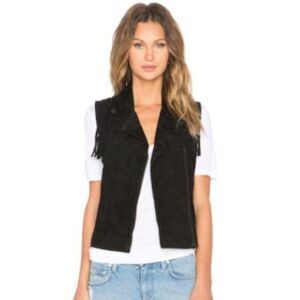 Sanctuary Womens Vest Black M 100% Genuine Leather Suede Fringe  Full Zip Moto